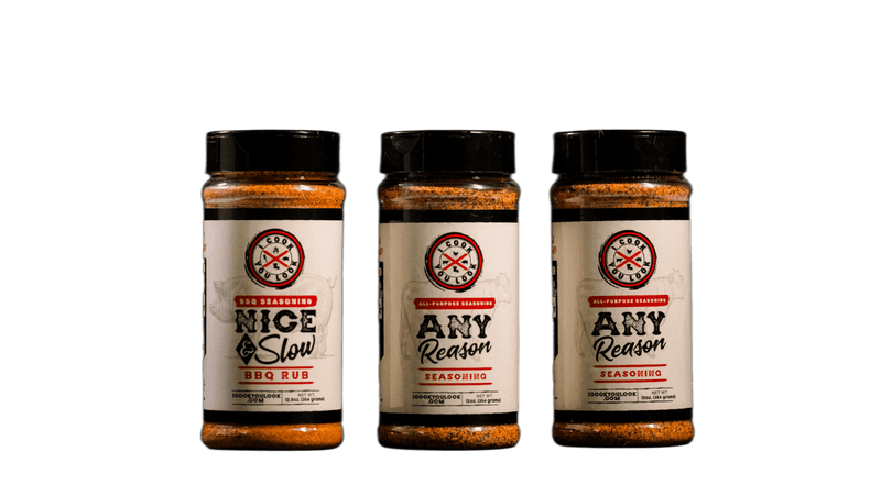 I Cook You Look “The Big Three” seasoning bundle featuring Bayou Dis Cajun Seasoning, Any Reason All-Purpose Seasoning, and Nice & Slow BBQ Rub displayed side by side on a white background.