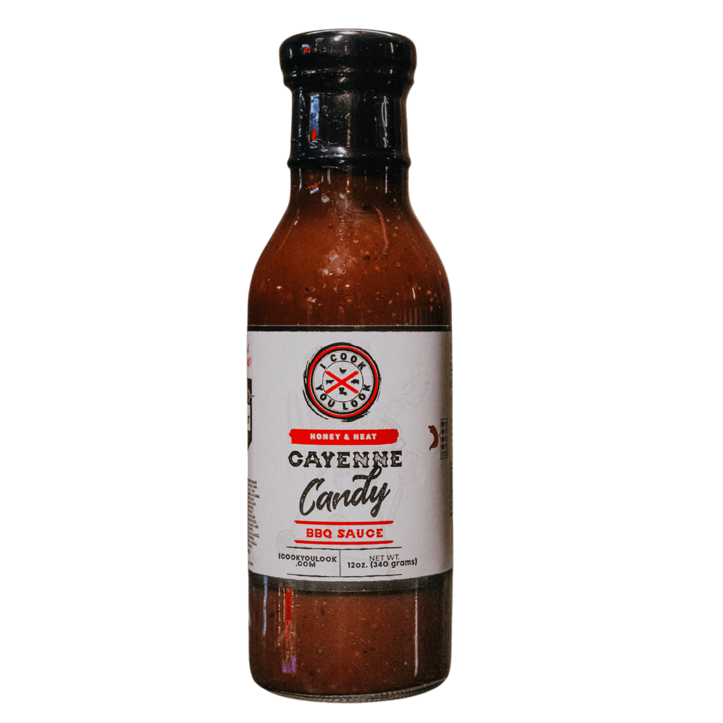 I Cook You Look Cayenne Candy BBQ Sauce — a sweet and spicy blend of honey and heat, perfect for grilling, dipping, and adding bold Cajun flavor to any meal.
